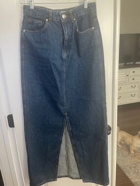 Mango Dark Blue Denim Maxi Skirt with Front Slit